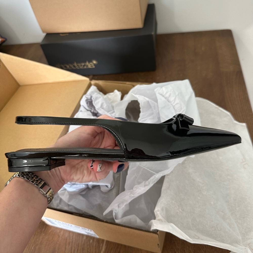 JustFab Black Slingback Patent Bow Flats - Picture 2 of 3